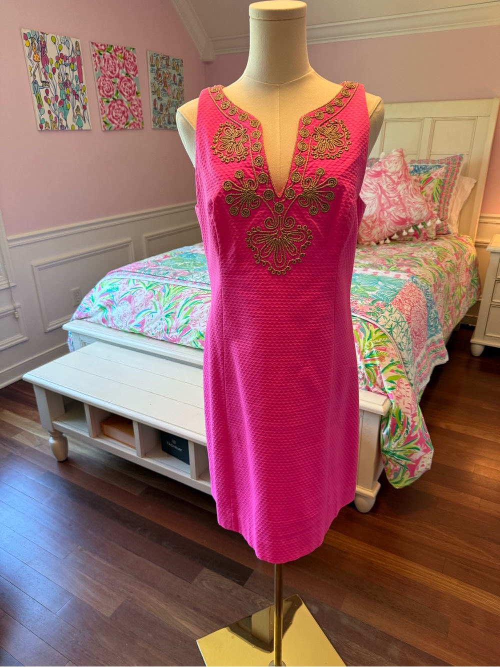 Lilly Pulitzer Hot Pink Embroidered V-Neck Shift Dress